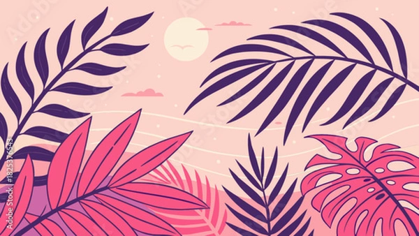 Obraz Illustration of tropical leaves in pink and purple with a sun and clouds in the background scene art