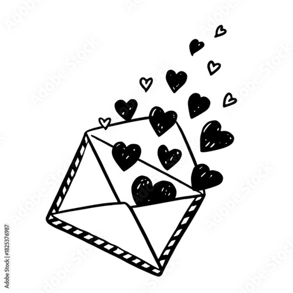 Fototapeta Open envelope with hearts vector illustration in doodle sketch style hand drawn outline in black and white. Cute romantic symbol for valentine card. Perfect for wedding design. Good for greeting.