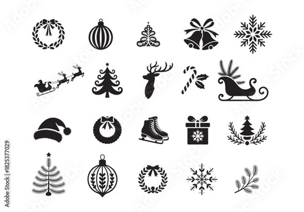Fototapeta Christmas icon set, festive holiday silhouette vector art bundle.