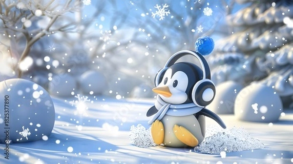 Fototapeta 3D cute cartoon penguin wearing a scarf and earmuffs