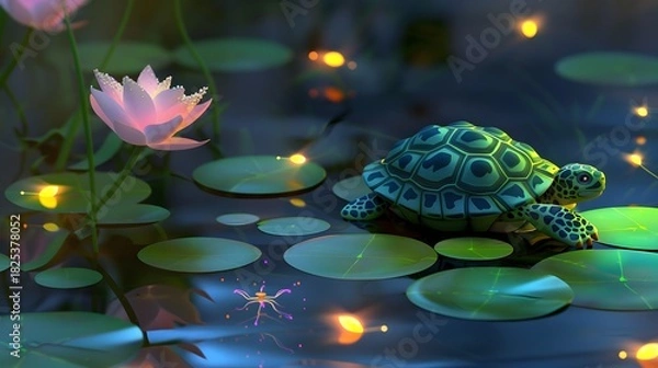 Fototapeta 3D happy cartoon turtle with a patterned shell floating