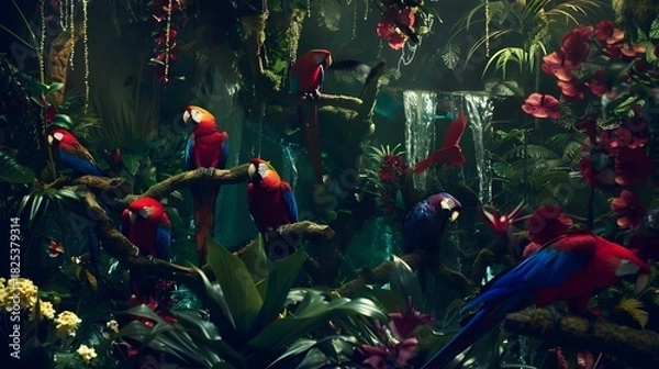 Fototapeta Group of colorful parrots perched on lush rainforest branches