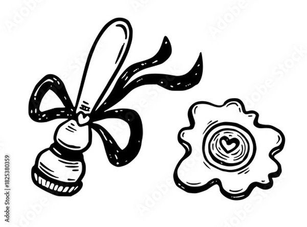 Fototapeta Rubber stamp with heart sign wax seal vector illustration in doodle sketch style. Hand drawn outline art in black and white for love letter design. Great for romantic card. Useful for vintage concept.