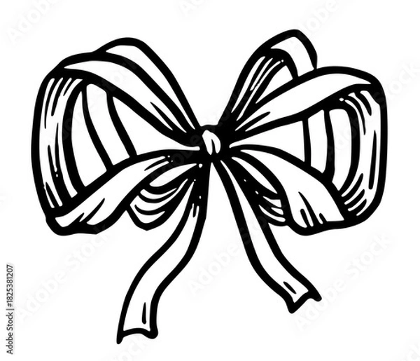 Fototapeta Coquette bow ribbon illustration in doodle sketch style. Black and white hand drawn outline with simple shape. Suitable for holiday design or wedding romantic card. Works for stationery or decoration.