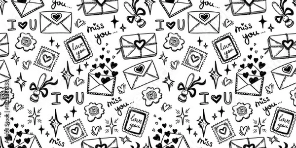 Fototapeta Love letter seamless pattern with envelope and stamp in doodle sketch style. Black and white hand drawn line art with simple elements. Ideal for Valentines Day design or romantic card background.