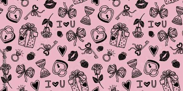 Fototapeta Valentine Day seamless pattern with coquette bow and rose in doodle sketch style. Black on pink hand drawn outline with cute romantic elements. Ideal for wedding card background or wallpaper print.