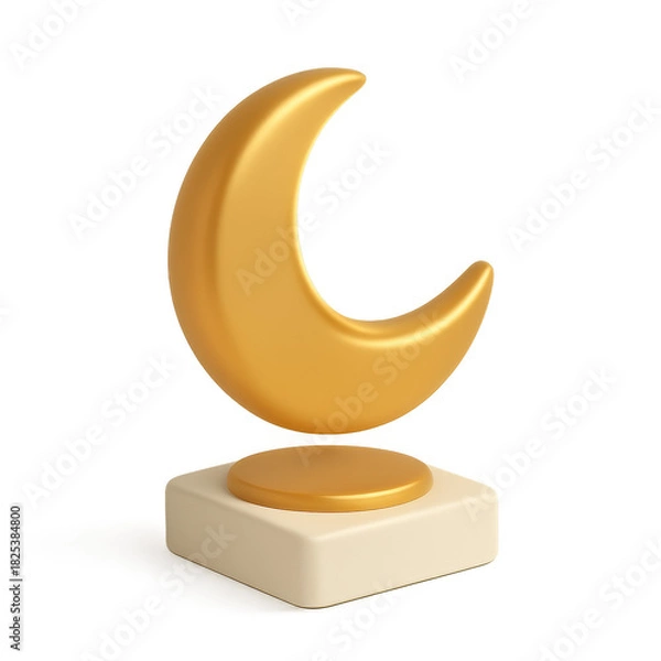 Obraz A 3D rendered golden crescent moon symbol floating above a minimalist pedestal on a white background.