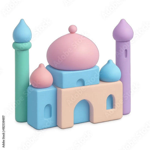 Fototapeta A pastel-colored 3D rendered cartoon mosque with domes and minarets, featuring soft, rounded shapes and a playful aesthetic.
