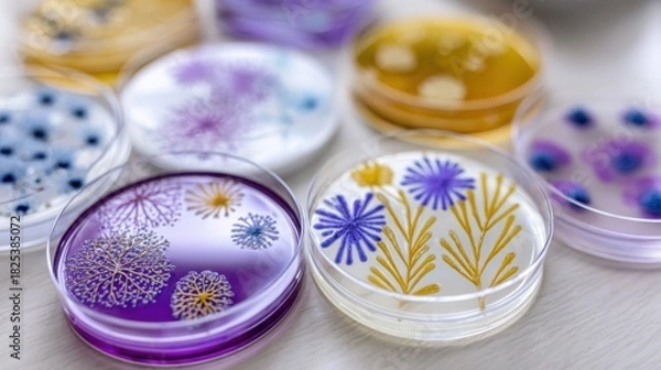Fototapeta Multiple colorful petri dishes showing artistic microbial growth patterns, known as agar art, in a laboratory setting.