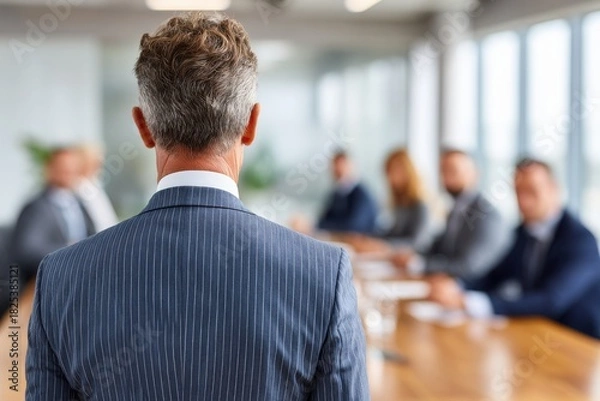 Fototapeta Rear view of an executive in a pinstripe suit presenting to a team in a conference room setting.