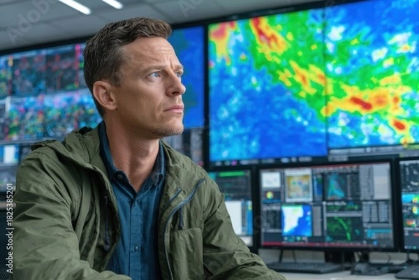 Fototapeta Focused man in a green jacket analyzes complex, colorful data on multiple monitors in a control room.