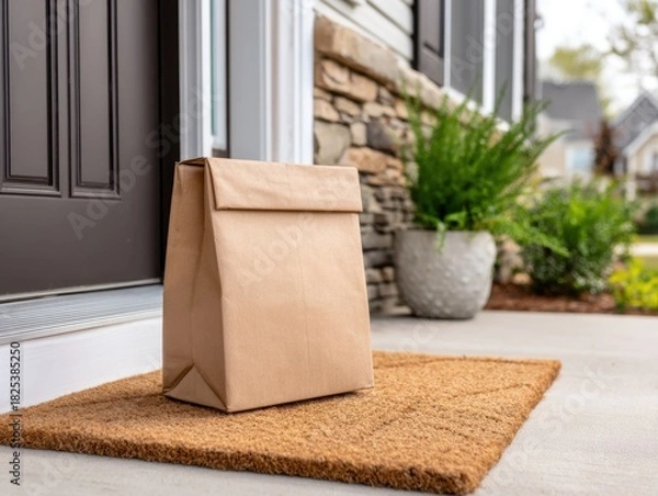 Fototapeta A brown paper delivery bag resting on a textured doormat on the front porch of a residential home.