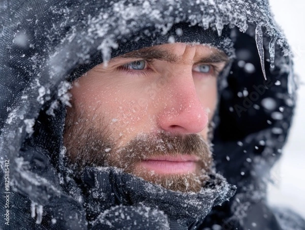 Fototapeta Close-up portrait of a man enduring severe winter conditions, with his face covered in ice, snow, and frost.