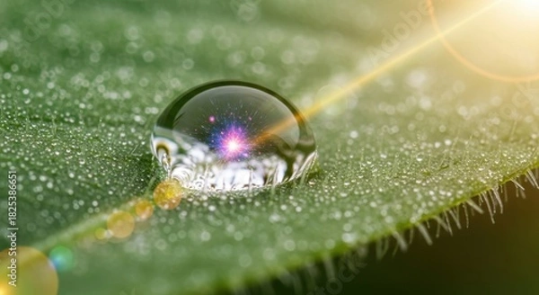 Obraz Macro shot of a water droplet on a green leaf with sunlight.