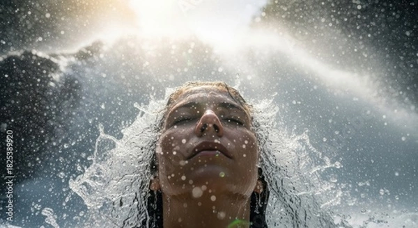 Obraz Womans face emerging from water with eyes closed in sunlight.