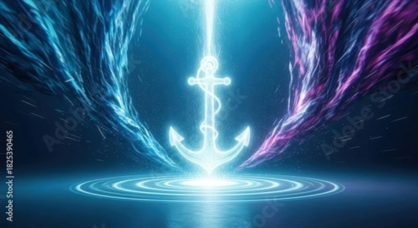 Obraz Neon Anchor Symbol with Abstract Waves and Circular Reflections.