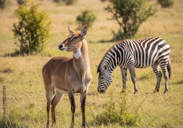 Fototapeta A waterbuck stands tall while a zebra grazes in the african savanna plain