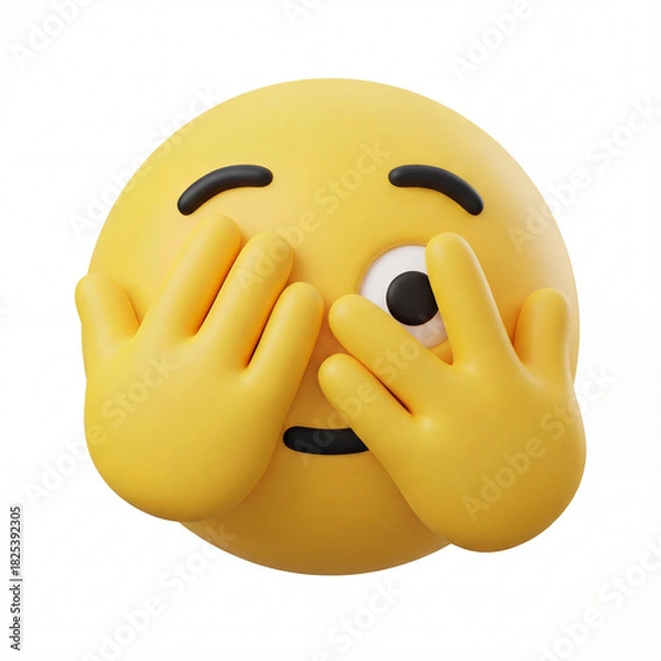 Fototapeta 3d icon of a peeking face emoji covering its eyes isolated on a white background, symbolizing curiosity, shyness, avoidance, hidden, and looking away