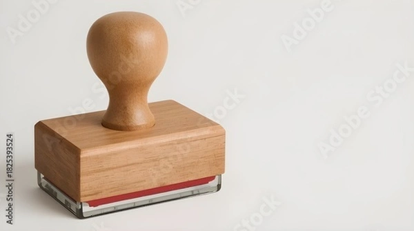 Obraz A classic wooden rubber stamp featuring a smooth, polished handle and a sturdy rectangular base. The handle is shaped ergonomically with a rounded top, making it comfortable to grip.