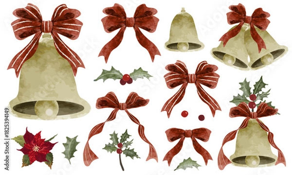Fototapeta 水彩で描いたジングルベルとリボンのクリスマス素材セット
