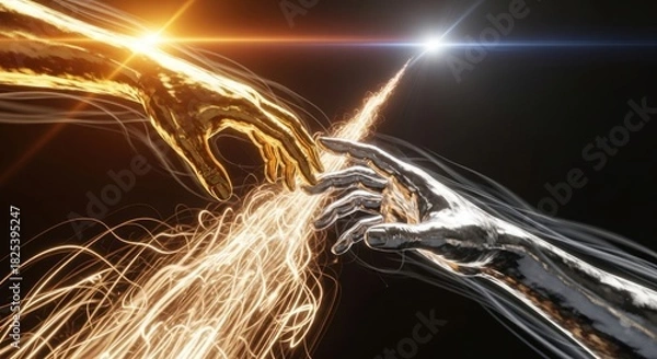 Obraz Futuristic Connection - Golden and Silver Hands Touching with Energy Sparks.