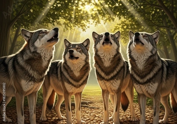Fototapeta Four wolves howling together in a forest with sunlight streaming through