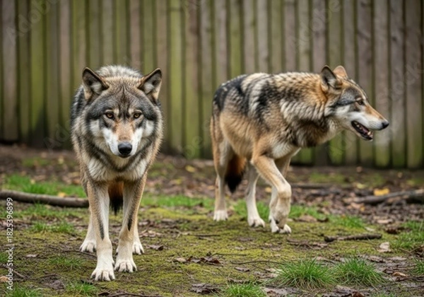 Fototapeta Two wolves standing in an enclosure with a wooden fence in the background