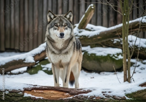 Fototapeta A wolf stands in the snow looking directly at the camera in winter time