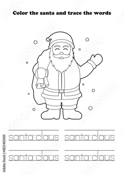 Fototapeta Learning Worksheet Santa Claus Greetings character Coloring Tracing
