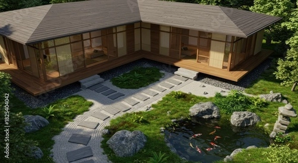 Obraz Wooden building complex in garden