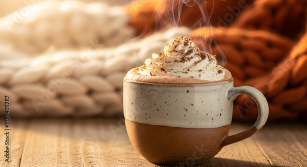 Fototapeta Warm Hot Chocolate with Whipped Cream in Cozy Autumn Setting
