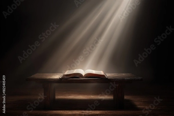 Obraz Open Book Illuminated by a God Ray on a Wooden Table Against a Dark Background