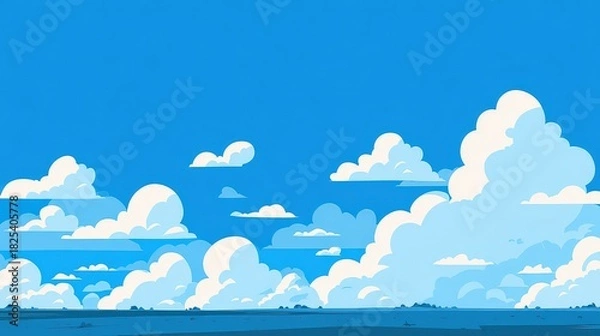 Obraz Pixel Art Blue Sky with White Clouds Above a Horizon View Background with Blocky Texture and Eight Bit Aesthetic for Retro Design
