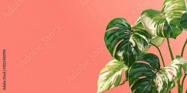 Obraz Variegated Monstera Plant With Green And White Leaves Against A Coral Pink Background