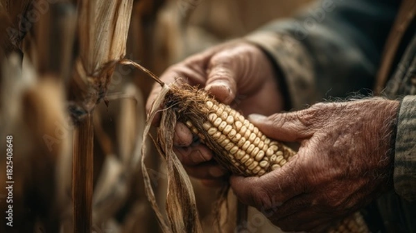 Fototapeta Farmer holds an ear of dry corn in weathered hands in a brown and tan field