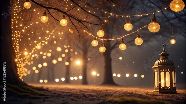 Obraz Warm golden lights glowing in a peaceful winter forest at night, creating a magical festive atmosphere with bokeh illumination and a lantern. Perfect for holiday, Christmas, and seasonal designs.
