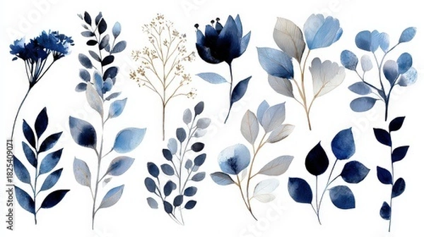 Obraz Watercolor Floral Elements in Shades of Blue and Gold Isolated on White