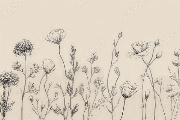 Fototapeta Delicate Black Line Drawing of Wildflowers on Neutral Background for Subtle Elegance and Minimalist Botanical Appeal