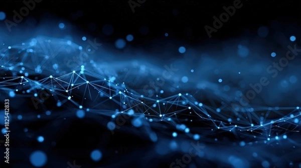 Obraz Abstract Network Connection Background with Blue Glowing Dots and Lines on Dark Backdrop Creates a Sense of Connectivity and Technology for Adobe Stock
