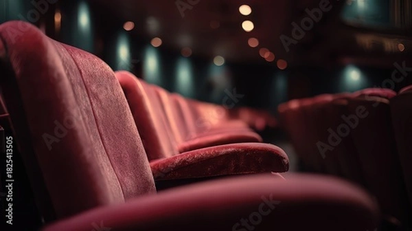 Fototapeta Empty Red Theater Seats Under Dim Lights and Blurred Background