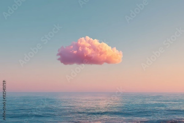 Fototapeta Floating Cloud Above Serene Water Surface Under Soft Pastel Sky