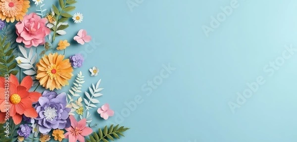 Obraz Colorful Paper Flowers Arrangement on Light Blue Background with Copy Space