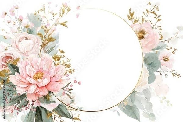 Obraz Elegant Floral Frame with Pink Peonies Golden Accents and Green Foliage on White Background for Wedding Invitation and Decorative Designs