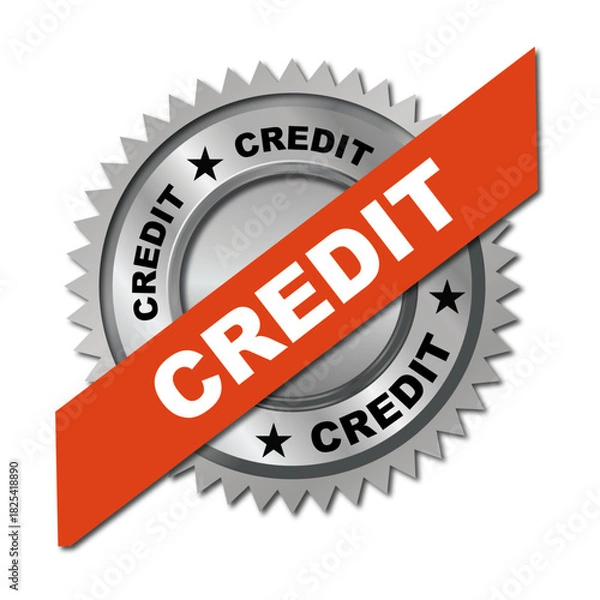 Fototapeta Bold metallic credit badge with diagonal orange ribbon, premium quality seal design, financial label emblem, shiny vector-style certified stamp for business, banking, and payment themes