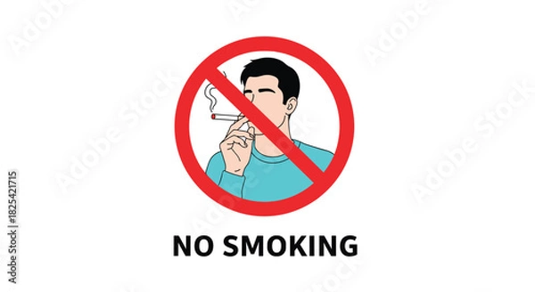 Fototapeta Graphic depicting a person smoking inside a red circle with a diagonal line through it signifying no smoking.  