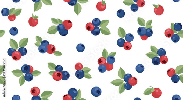 Fototapeta A delightful scattering of ripe blueberries and raspberries with green leaves on a white background.