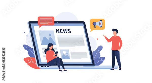 Fototapeta Digital news platform for global audience reading articles on a laptop.