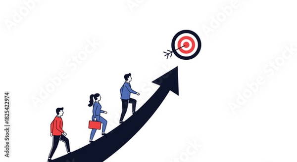 Fototapeta Individuals ascending an upward trending arrow toward a target representing goal achievement.
