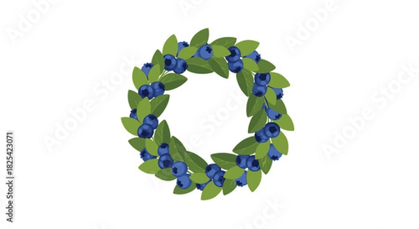 Fototapeta A fresh wreath of ripe blueberries and green leaves arranged in a circular pattern.