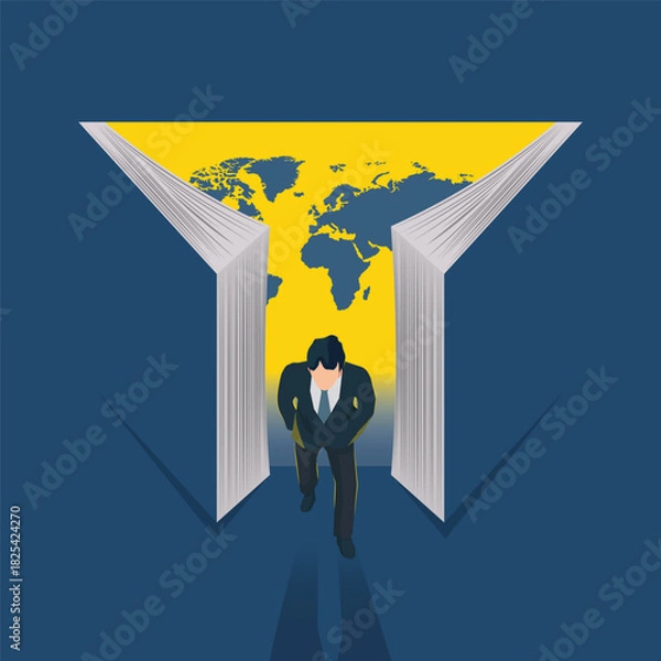 Fototapeta A vector illustration of a businessman walking out from between two open books with a world map in the background